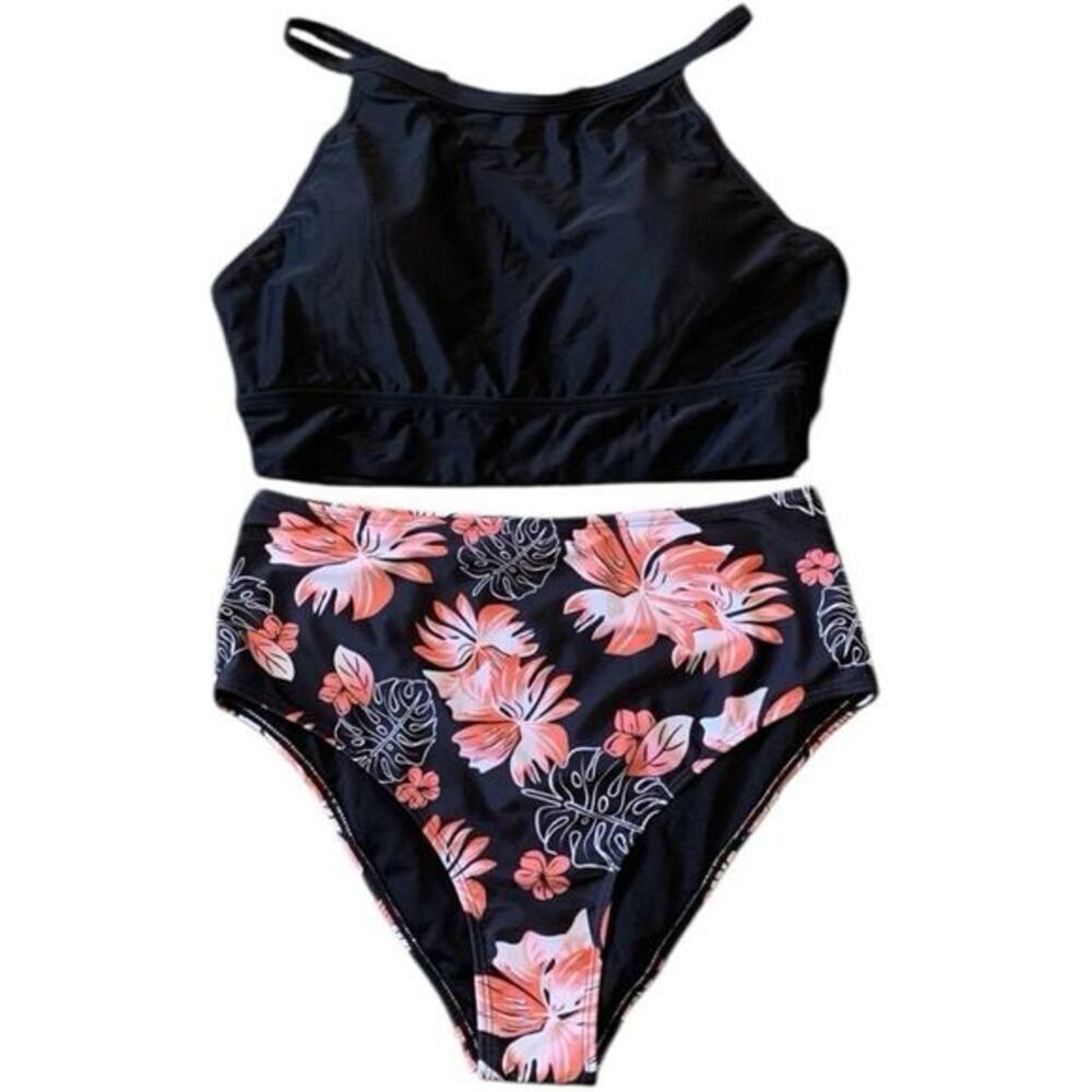 Black and Floral High Waisted Bikini Set